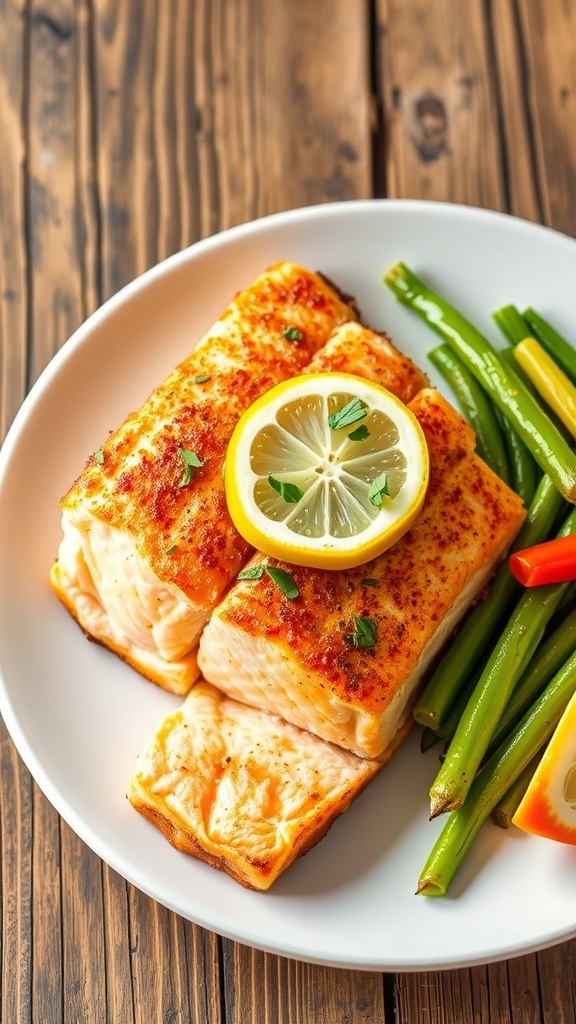 Crispy air fryer salmon fillet garnished with lemon and herbs on a white plate with vegetables.